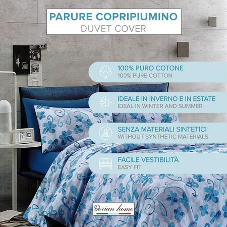 Dorian Home Parure Copripiumino Matrimoniale 250 x 210 cm, Copripiumino Matrimoniale Cotone, Realizzato in 100% Morbido e Puro Cotone, Made In Italy, Fantasia Cordova Celeste
