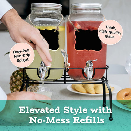 Caraffe in vetro porta bevande con rubinetto, infusiere e supporto in metallo 2 x 4 Lt
