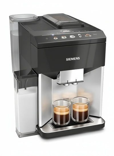 Siemens Fully Automatic Coffee Machine EQ500 Integral TQ513D01, Many Coffee Specialities, Milk Frother, Integrated Milk Container, Automatic Steam Cleaning, 1500 W, Daylight Silver/Piano Lacquer Black