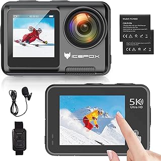 icefox Action Cam 5K 30FPS 20MP with Touch Screen, Ice Adjustable Viewing Angle 4X Zoom, 30M Waterproof Underwater Camera Remote Control Sports Camera with External Microphone and Accessories Kit