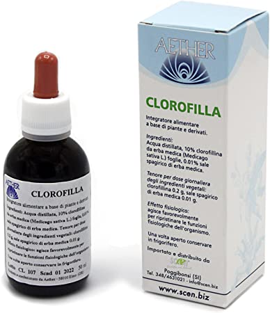 Clorofilla liquida SENZA alcool, da erba Alfalfa, 50 ml. senza conservanti, - Aether