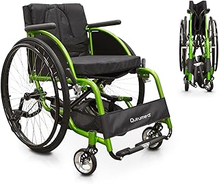 QUIRUMED Folding Aluminium Sports Wheelchair Padded Seat Seat Belt Quick Release Manual Brake Storage Bag 74x57x84cm
