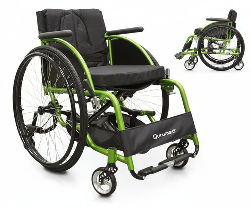 QUIRUMED Folding Aluminium Sports Wheelchair Padded Seat Seat Belt Quick Release Manual Brake Storage Bag 74x57x84cm