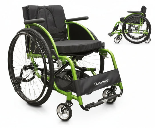 QUIRUMED Folding Aluminium Sports Wheelchair Padded Seat Seat Belt Quick Release Manual Brake Storage Bag 74x57x84cm