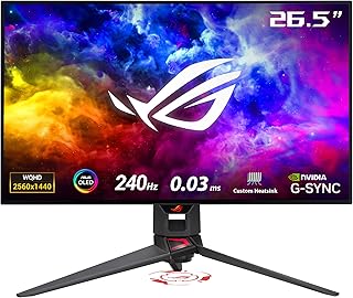 ASUS ROG Swift OLED PG27AQDM 27 Inch WQHD Gaming Monitor, 240 Hz, 0.03 ms GtG, G-Sync, FreeSync, GameFast Input, HDR 10, 10-bit OLED Panel, 16:9, 2560 x 1440, DP 1.4, HDMI, USB Hub, Black