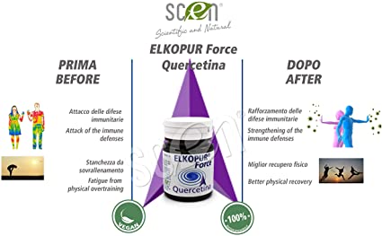 Elkopur Force Quercetina pura, 120 capsule da 500 mg. con 200 mg. di Quercetina titolata 98% in Quercetina, Vegetarian e Vegan ok, Rinforza il sistema immunitario, Antiossidante, prodotto in Italia