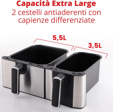 Friggitrice ad aria elettrica "Eldorada dual" ideale per tutti i tipi di frittura, capacità 5,5 + 3,5 litri