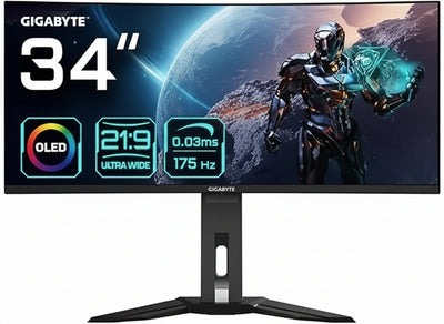 Gigabyte MO34WQC 34 Inch OLED WQHD Curved Gaming Monitor - 3440 x 1440, 175Hz, 0.03ms, KVM, 250 cd/m, FreeSync Premium Pro, DisplayHDR True Black 400, HDMI 2.1, Displayport 1.4