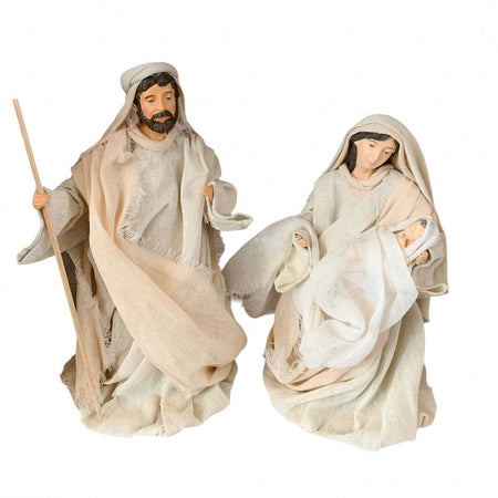 Natività completa statue per presepe vestiti in tessuto Bianco e Beige h 20 cm