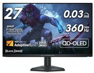 Alienware Gaming Monitor, AW2725DF, 27-Inch, QHD (2560 x 1440), 360 Hz, QD OLED, 0.03 ms, AMD FreeSync Premium Pro, 99.3% DCI-P3, HDR400, USB-C, 2 x DisplayPort, HDMI, 4 x USB