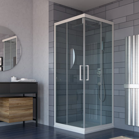 Box doccia angolare "Aurora" in cristallo 6 mm con profili in PVC apertura centrale riducibile "Made in Italy"