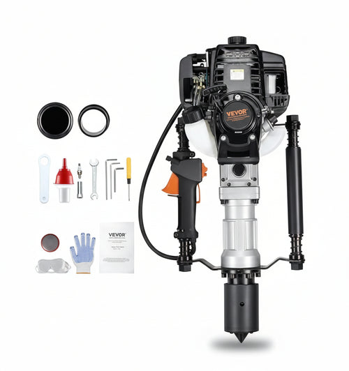 VEVOR 37.77cc Petrol 4 Stroke Fence Post Ram with Petrol Engine with 2 Post Ram Heads (55/70mm) Portable 1000W Post Ram Handrams for Farms Ranch Fences Road Improvements