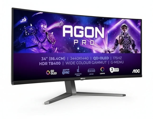AOC Agon PRO AG346UCDAM - 34 Inch WQHD OLED Curved Gaming Monitor, 175 Hz, 0.03 ms, FreeSync Premium Pro, G-Sync Comp., HDR400 (3440 x 1440, 2 x HDMI, DisplayPort, USB Hub) Black