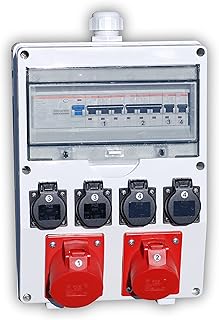 Ehmann Professional wall distributor input M32 for cables, FI/LS, made in Germany, 6 outputs (1 x CEE 32 A/1 x CEE 16 A/4 x 230 V~), K2, BGI-GUV-I608