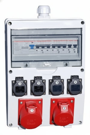 Ehmann Professional wall distributor input M32 for cables, FI/LS, made in Germany, 6 outputs (1 x CEE 32 A/1 x CEE 16 A/4 x 230 V~), K2, BGI-GUV-I608