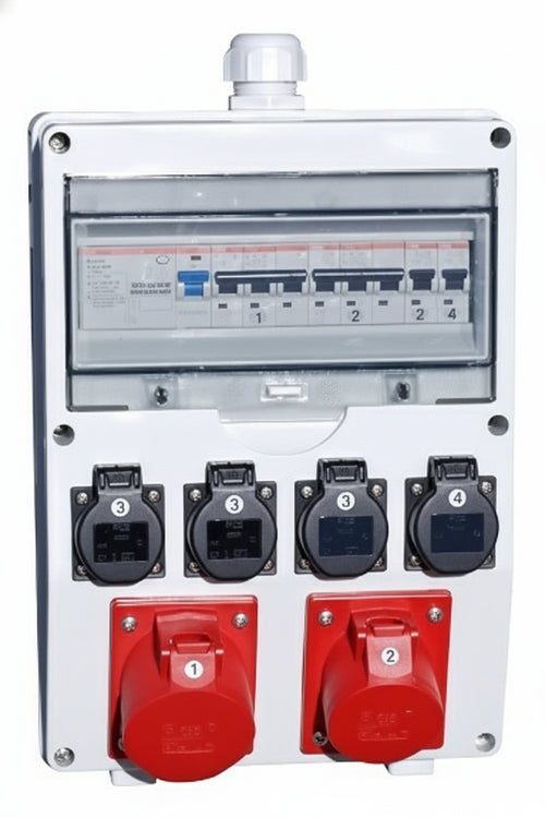 Ehmann Professional wall distributor input M32 for cables, FI/LS, made in Germany, 6 outputs (1 x CEE 32 A/1 x CEE 16 A/4 x 230 V~), K2, BGI-GUV-I608