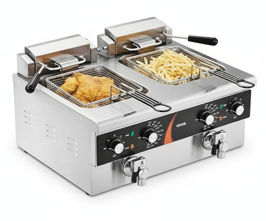 VEVOR Commercial Deep Fryer Electric Countertop Fryer, Double Tank 3000W x 2, 5.9L Double Oil Fryer with 2 Baskets Thickened Stainless Steel, Time & Temperature Control, for Kitchen Restaurant Cafe
