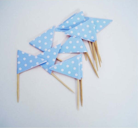 72-Triangolini-Bandierine-Stuzzicadenti-Azzurro-Pois-Per-Festa-Party-Aperitivo