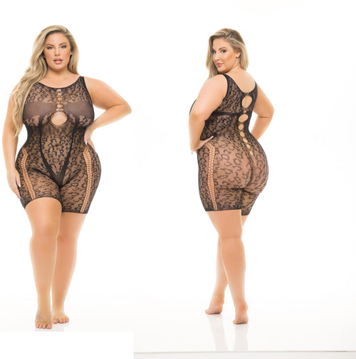 Bodystocking bike short Animalier Leopardato Plus Size XL 2XL 3XL sexy nero
