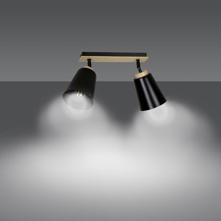 Plafoniera Faretti Spot Orientabili 2 Luci Atlas Acciaio Nero E Legno Naturale
