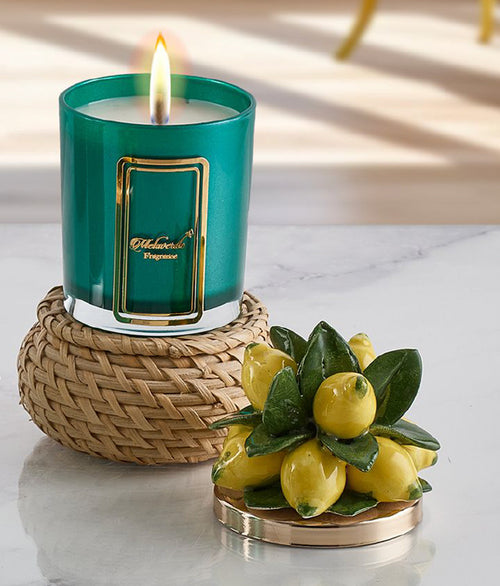Candela artigianale Melaverde in porcellana con decorazione limoni verdi, bomboniera elegante con scatola