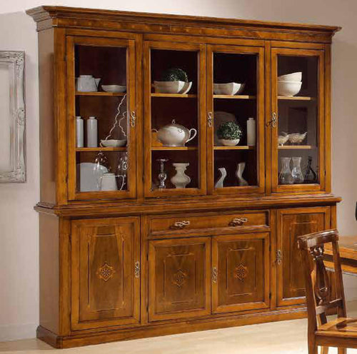 MOBILI 2G - CRISTALLIERA IN LEGNO 8 PORTE 1 CASSETTO CON INTARSIO FINITURA BASSANO MISURE L.220 P.49 H.222