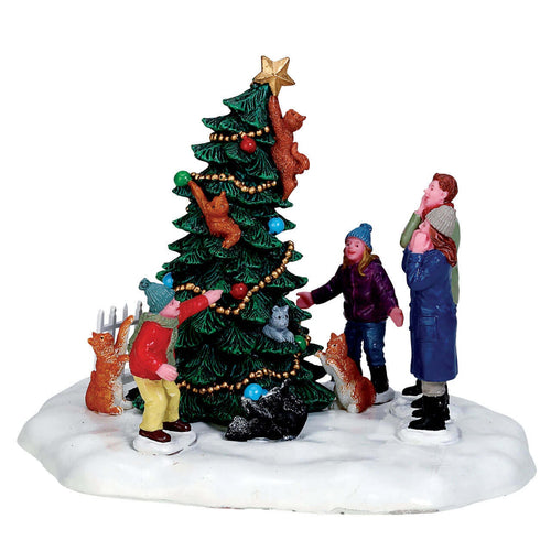 Statuetta in poliresina Catastrofe natalizia con albero che cade per villaggio di Natale