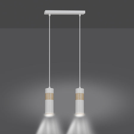 Lampadario 2 Luci Akari In Acciaio Bianco A Cilindro Con Legno Naturale