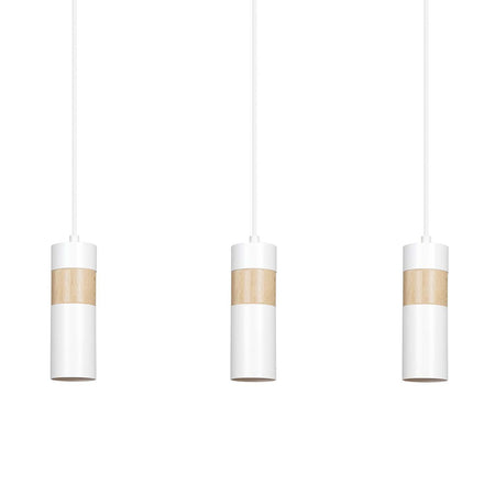 Lampadario 3 Luci Akari In Acciaio Bianco A Cilindro Con Legno Naturale