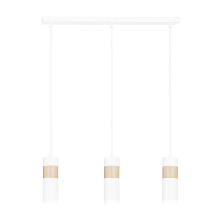 Lampadario 3 Luci Akari In Acciaio Bianco A Cilindro Con Legno Naturale