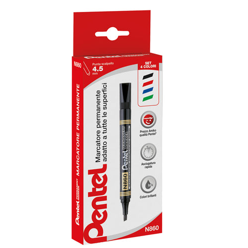 Astuccio 4 Marcatore Permanente N860 Punta Scalpello Amiko Pentel