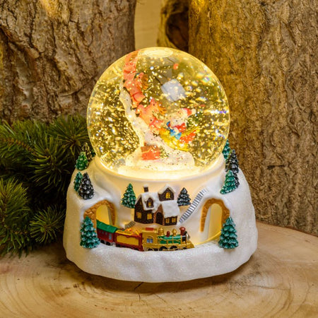 Sfera natalizia con glitter led in plastica con Babbo Natale e renne decorazione per interno h 18,5 cm