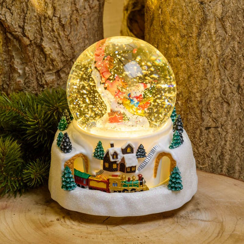 Sfera natalizia con glitter led in plastica con Babbo Natale e renne decorazione per interno h 18,5 cm