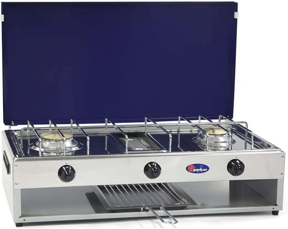 Fornello gas gpl/metano 2 fuochi con Valvola di Sicurezza Pianale acciaio inox bruciatore grill 1,5 Kw parker 552RSGB Grigio Blu