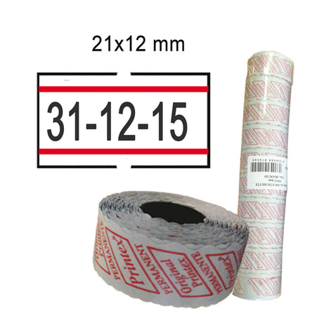 Pack 10 Rotoli 1000 Etich. 21X12Mm Bianco Perm. Con Righe Rosse Printex