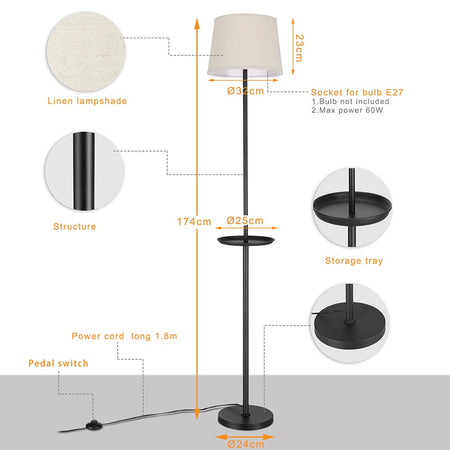 Piantana Lampada 174 cm Design Moderno Paralume Stoffa Tavolino incorporato