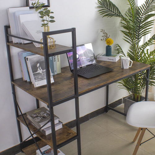 Scrivania con Libreria Tavolo Porta PC in Metallo e Legno Effetto Anticato