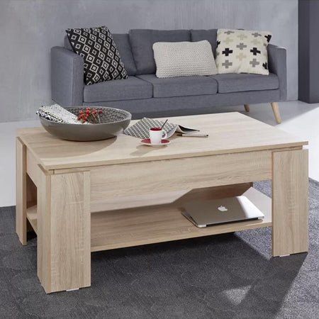 Tavolino Soggiorno Salotto Moderno con Rialzo Vano Contenitore Apribile Legno Beige