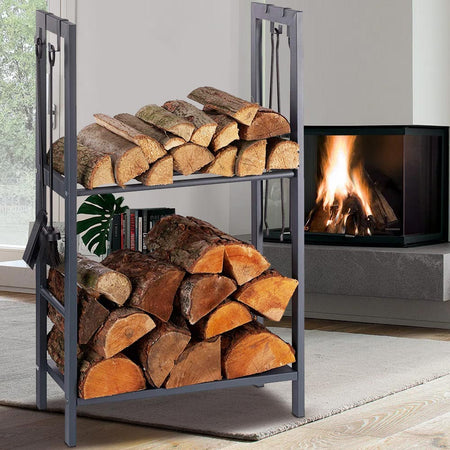 Portalegna in Metallo Verniciato Porta Legna Interno Esterno 100x60x30cm 2Piani