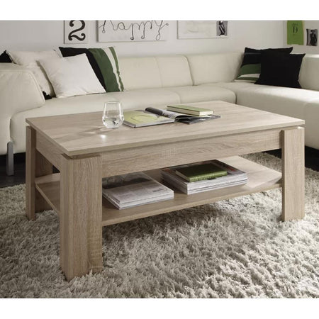 Tavolino Soggiorno Salotto Moderno con Rialzo Vano Contenitore Apribile Legno Beige