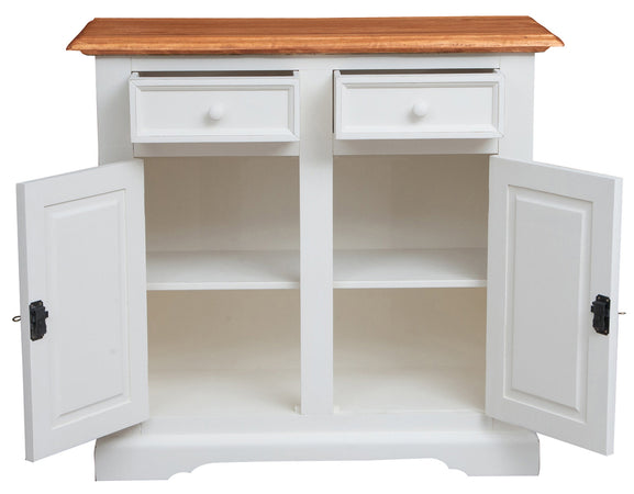 Biscottini Credenza Country in legno massello di tiglio struttura bianca anticata piano finitura naturale L110xPR45xH103 cm. Made in Italy