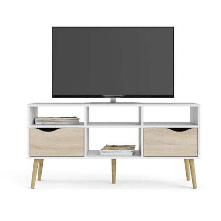 Mobile TV - 4 nicchie 2 cassetti - Bianco / Rovere - 117,2 x 39,1 x 57,4 cm - TVILUM
