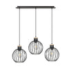 Lampadario 3 Luci Barbado Paralumi A Gabbia In Acciaio Nero E Legno Naturale