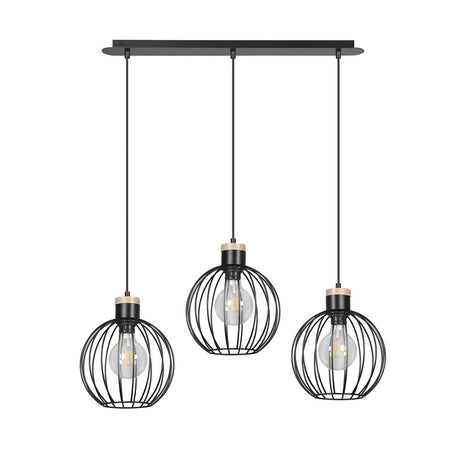 Lampadario 3 Luci Barbado Paralumi A Gabbia In Acciaio Nero E Legno Naturale