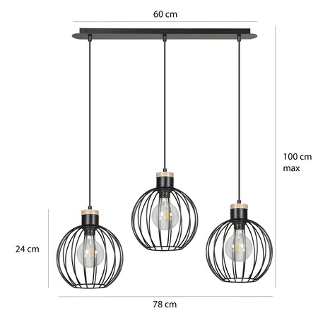 Lampadario 3 Luci Barbado Paralumi A Gabbia In Acciaio Nero E Legno Naturale
