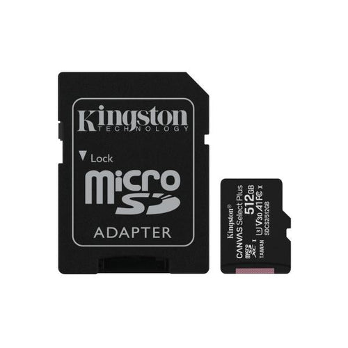 Kingston Technology Canvas Select Scheda micSDXC Plus 100R A1 C10 da 512GB + adattatore (512GB microSDXC Canvas Select - Plus 100R A1 C10 Card + ADP - Warranty: 12M)