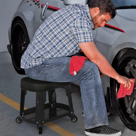 Sgabello Officina in Metallo 4 Ruote Vassoio Porta Utensili Seduta Ergonomica