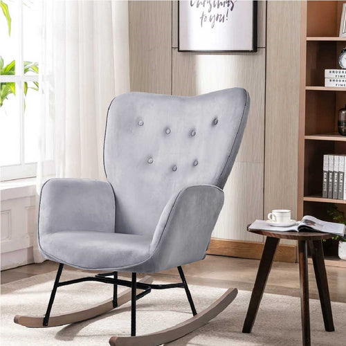 Poltrona Sedia Dondolo Relax Tessuto e Metallo Imbottita Design Moderno Grigio