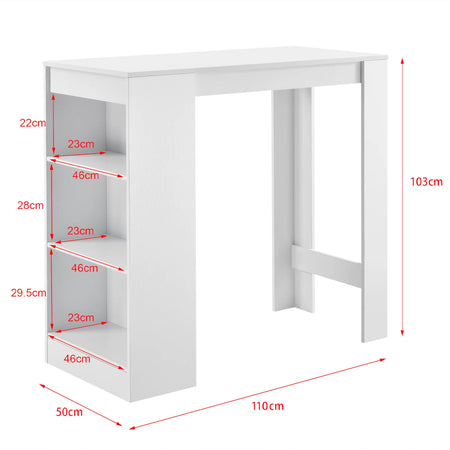 Tavolo Snack da Cucina Soggiorno Bar 3 Ripiani Legno 110x50 H 103 cm Bianco
