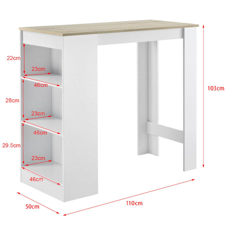Tavolo Snack da Cucina Soggiorno Bar 3 Ripiani Legno 110x50 H 103 cm Bianco Quercia